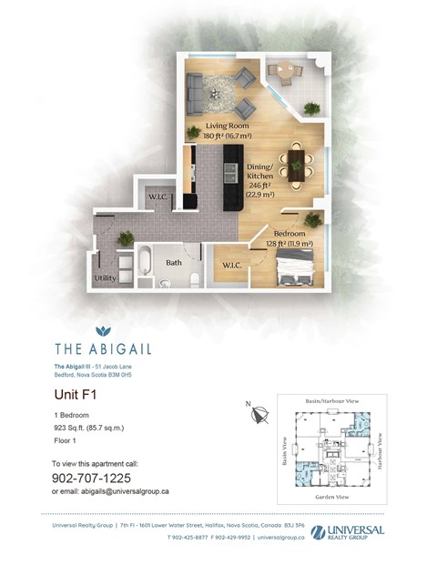 Floor plan for 1 bed, 1 bath, 923 sqft